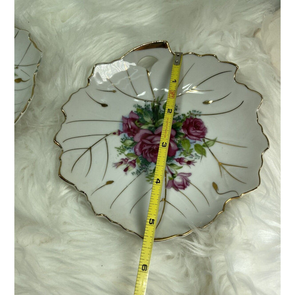 Vintage Trinket Dish Victorian Leaf Shaped Pink Roses With Gilded Trim Set Of 2 - Picture 7 of 8